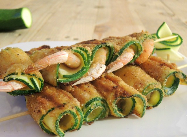 spiedini di gamberi e zucchine